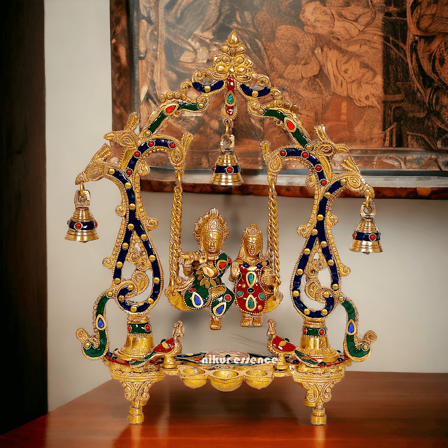 Brass Radha Krishna Jhula with beautiful stone work | 14 inch Nikuressence