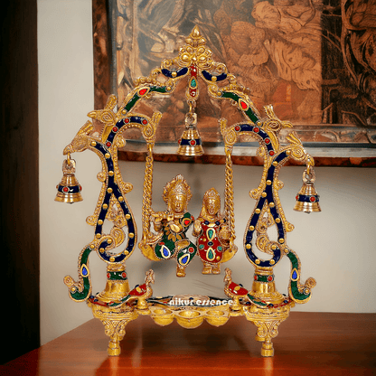 Brass Radha Krishna Jhula with beautiful stone work | 14 inch Nikuressence