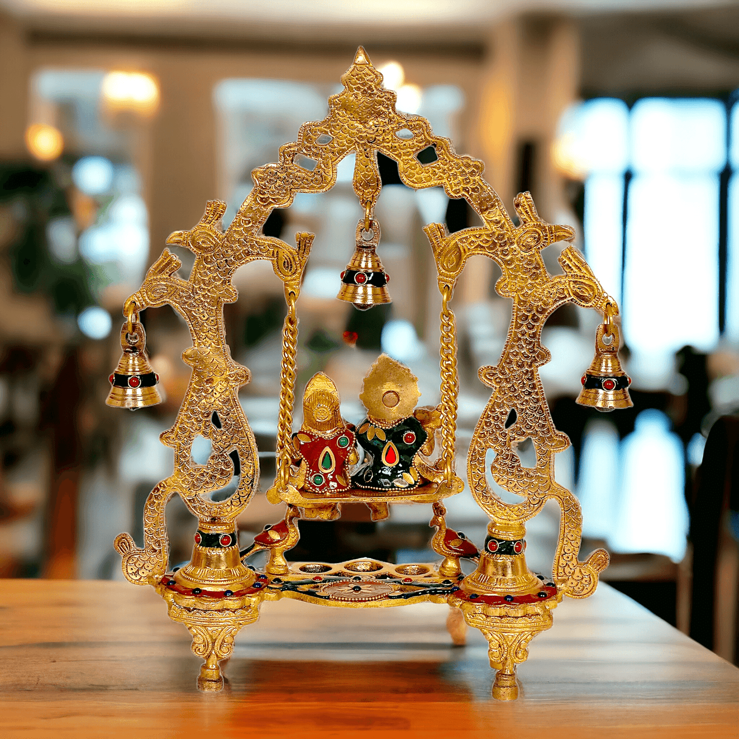 Brass Radha Krishna Jhula with beautiful stone work | 14 inch Nikuressence