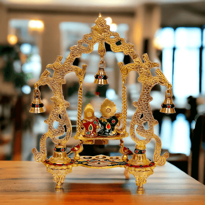 Brass Radha Krishna Jhula with beautiful stone work | 14 inch Nikuressence