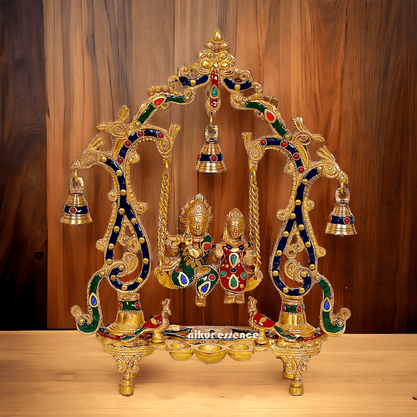 Brass Radha Krishna Jhula with beautiful stone work | 14 inch Nikuressence