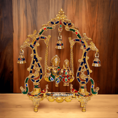 Brass Radha Krishna Jhula with beautiful stone work | 14 inch Nikuressence