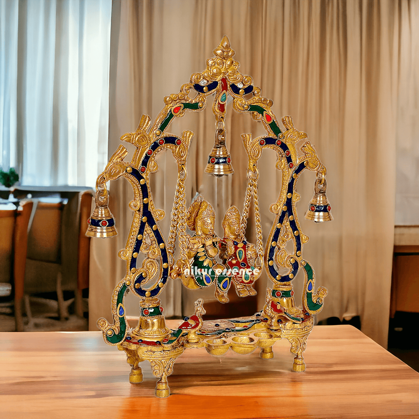 Brass Radha Krishna Jhula with beautiful stone work | 14 inch Nikuressence