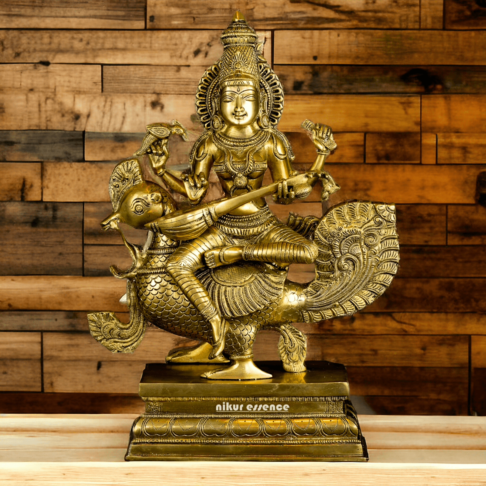 Pure Brass Saraswati Sitting on Swan Figurine - Hindu Goddess of Knowledge, Arts, and Wisdom, Handcrafted Decorative Statue for Home Altar or Office Nikuressence