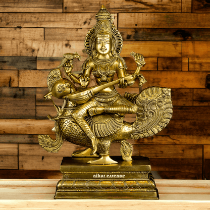 Pure Brass Saraswati Sitting on Swan Figurine - Hindu Goddess of Knowledge, Arts, and Wisdom, Handcrafted Decorative Statue for Home Altar or Office Nikuressence