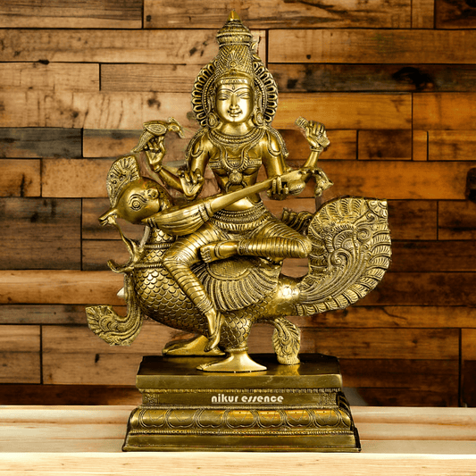 Pure Brass Saraswati Sitting on Swan Figurine - Hindu Goddess of Knowledge, Arts, and Wisdom, Handcrafted Decorative Statue for Home Altar or Office Nikuressence