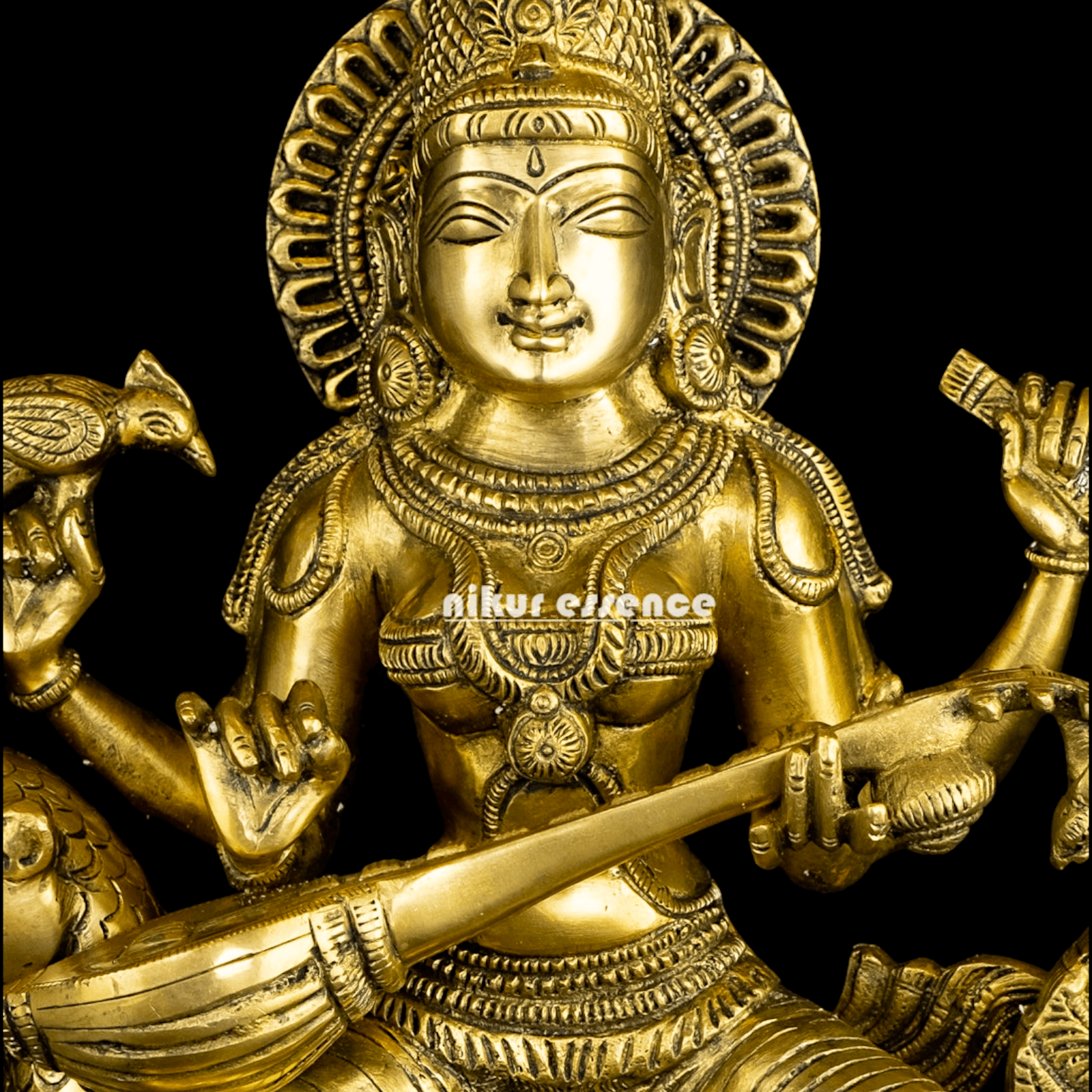 Pure Brass Saraswati Sitting on Swan Figurine - Hindu Goddess of Knowledge, Arts, and Wisdom, Handcrafted Decorative Statue for Home Altar or Office Nikuressence