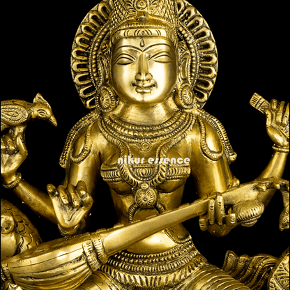 Pure Brass Saraswati Sitting on Swan Figurine - Hindu Goddess of Knowledge, Arts, and Wisdom, Handcrafted Decorative Statue for Home Altar or Office Nikuressence