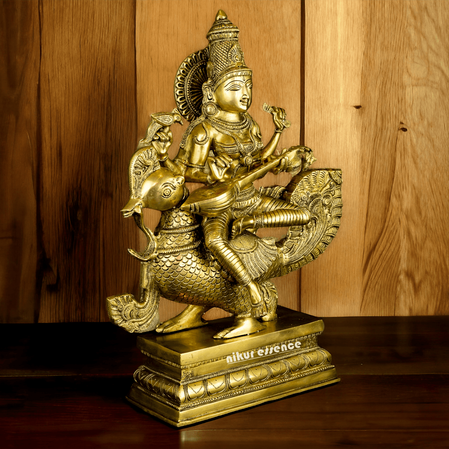 Pure Brass Saraswati Sitting on Swan Figurine - Hindu Goddess of Knowledge, Arts, and Wisdom, Handcrafted Decorative Statue for Home Altar or Office Nikuressence