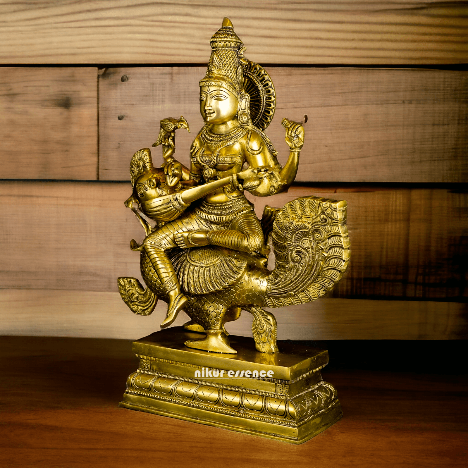 Pure Brass Saraswati Sitting on Swan Figurine - Hindu Goddess of Knowledge, Arts, and Wisdom, Handcrafted Decorative Statue for Home Altar or Office Nikuressence