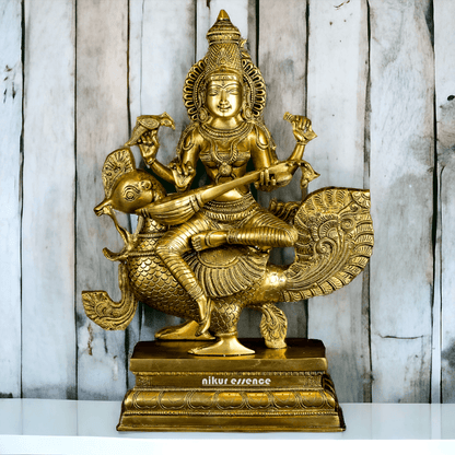 Pure Brass Saraswati Sitting on Swan Figurine - Hindu Goddess of Knowledge, Arts, and Wisdom, Handcrafted Decorative Statue for Home Altar or Office Nikuressence