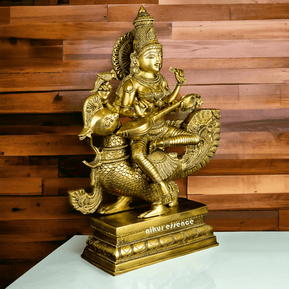 Pure Brass Saraswati Sitting on Swan Figurine - Hindu Goddess of Knowledge, Arts, and Wisdom, Handcrafted Decorative Statue for Home Altar or Office Nikuressence