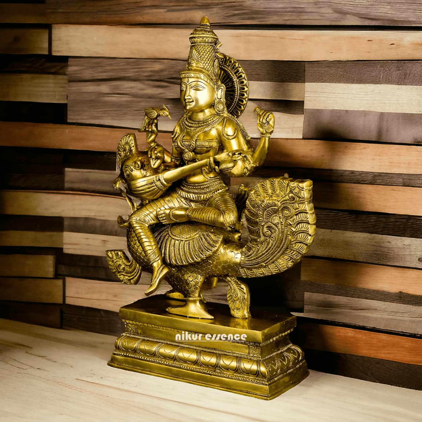 Pure Brass Saraswati Sitting on Swan Figurine - Hindu Goddess of Knowledge, Arts, and Wisdom, Handcrafted Decorative Statue for Home Altar or Office Nikuressence