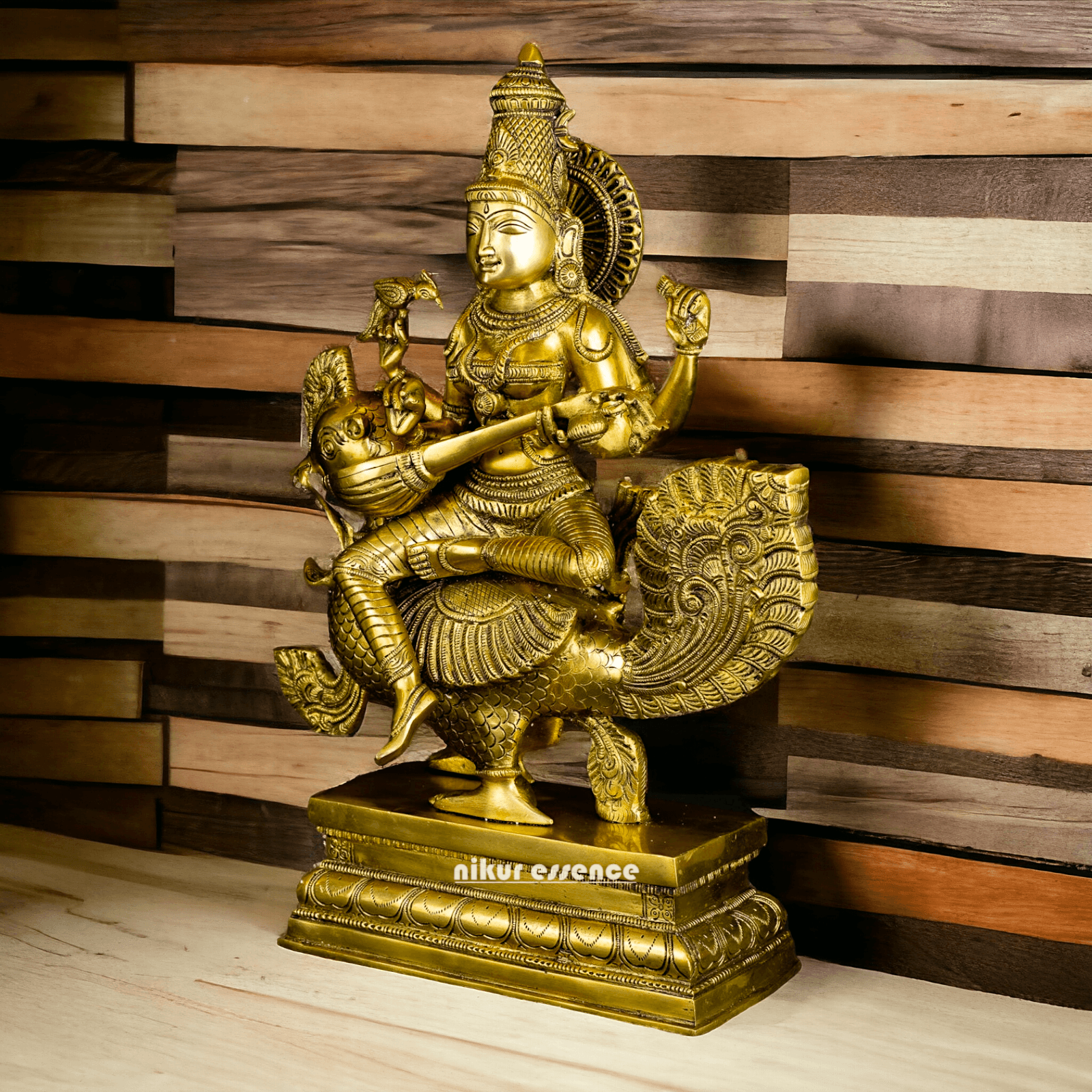 Pure Brass Saraswati Sitting on Swan Figurine - Hindu Goddess of Knowledge, Arts, and Wisdom, Handcrafted Decorative Statue for Home Altar or Office Nikuressence