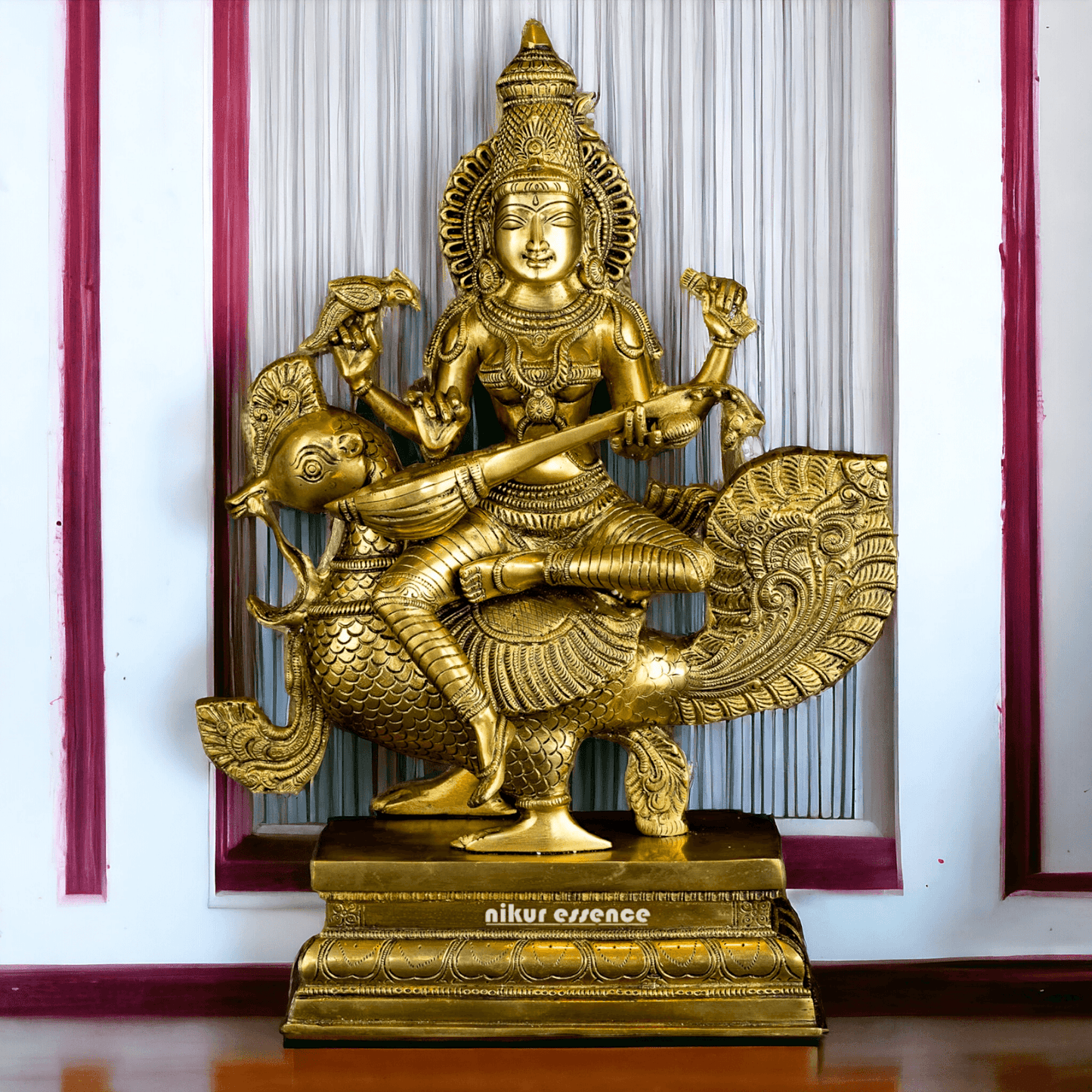 Pure Brass Saraswati Sitting on Swan Figurine - Hindu Goddess of Knowledge, Arts, and Wisdom, Handcrafted Decorative Statue for Home Altar or Office Nikuressence