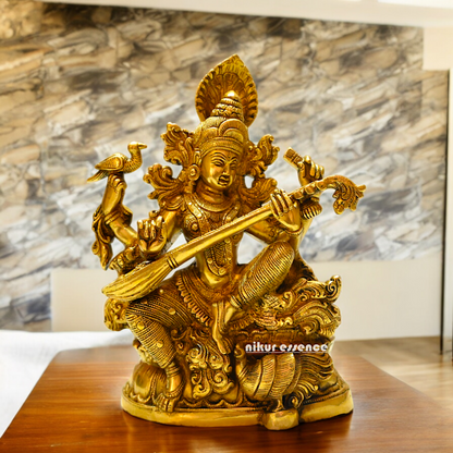 Buy Brass Saraswati Idol 28 cm , Elegant Brass Sculpture of Goddess Saraswati Nikuressence