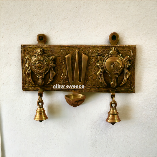 Solid Brass Shankh Chakra Namah Wall Hanging by Nikur Essence - 19 cm Height Nikuressence