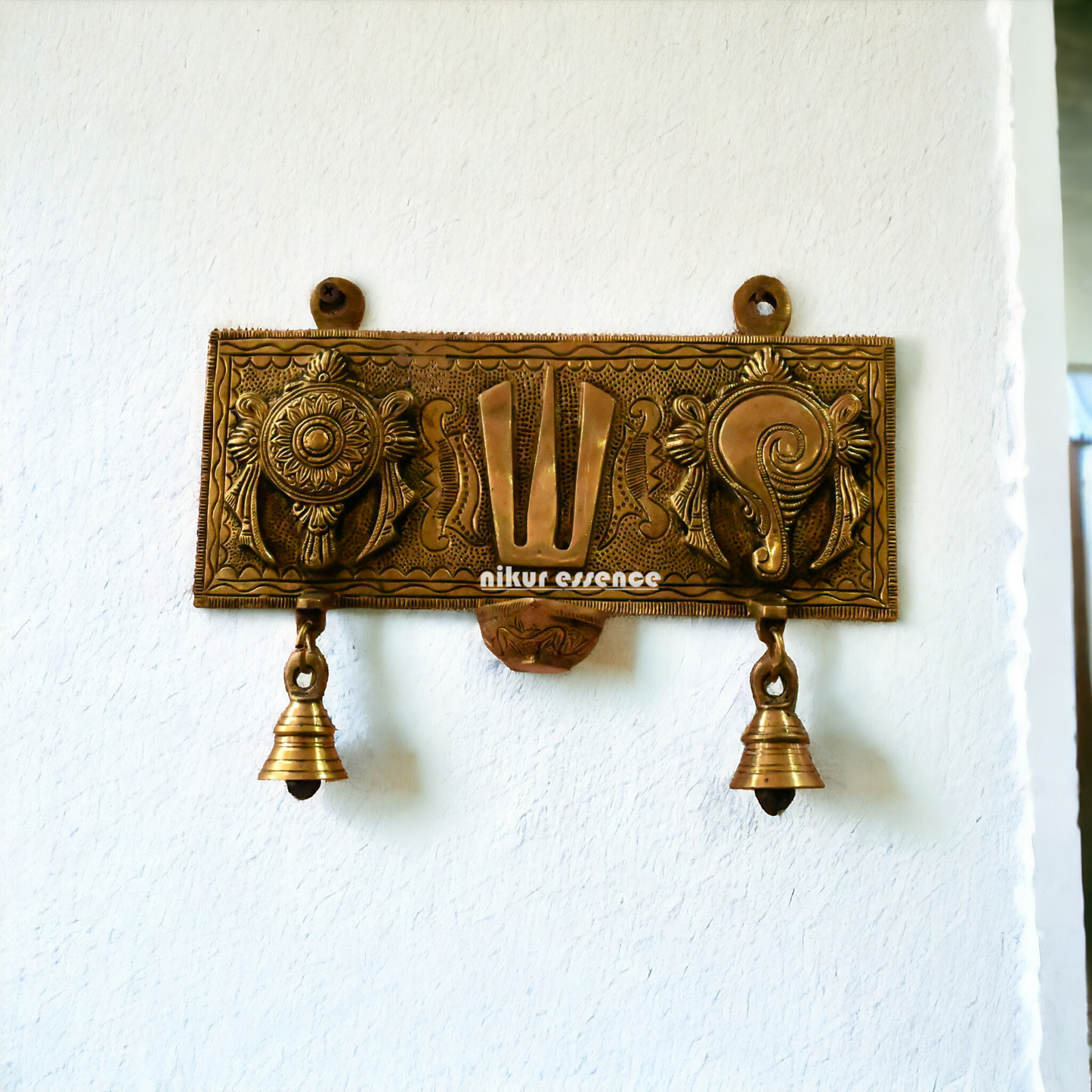 Solid Brass Shankh Chakra Namah Wall Hanging by Nikur Essence - 19 cm Height Nikuressence