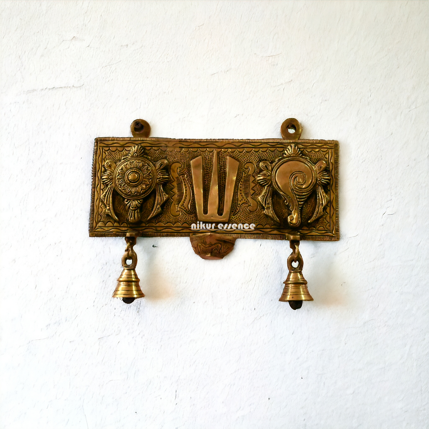 Solid Brass Shankh Chakra Namah Wall Hanging by Nikur Essence - 19 cm Height Nikuressence