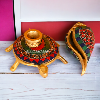 (Copy) Authentic Brass Shankh Conch Shell with Intricately Designed Tortoise Motif - Spiritual Home Decor and Ritual Instrument for Pooja Nikuressence