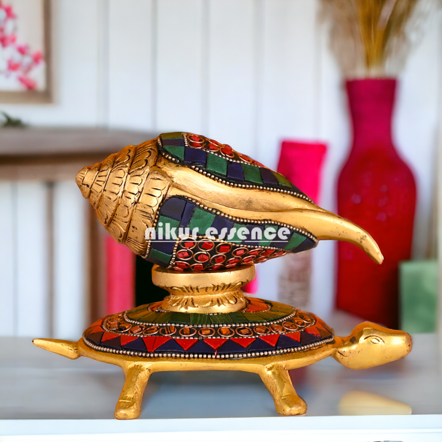 (Copy) Authentic Brass Shankh Conch Shell with Intricately Designed Tortoise Motif - Spiritual Home Decor and Ritual Instrument for Pooja Nikuressence