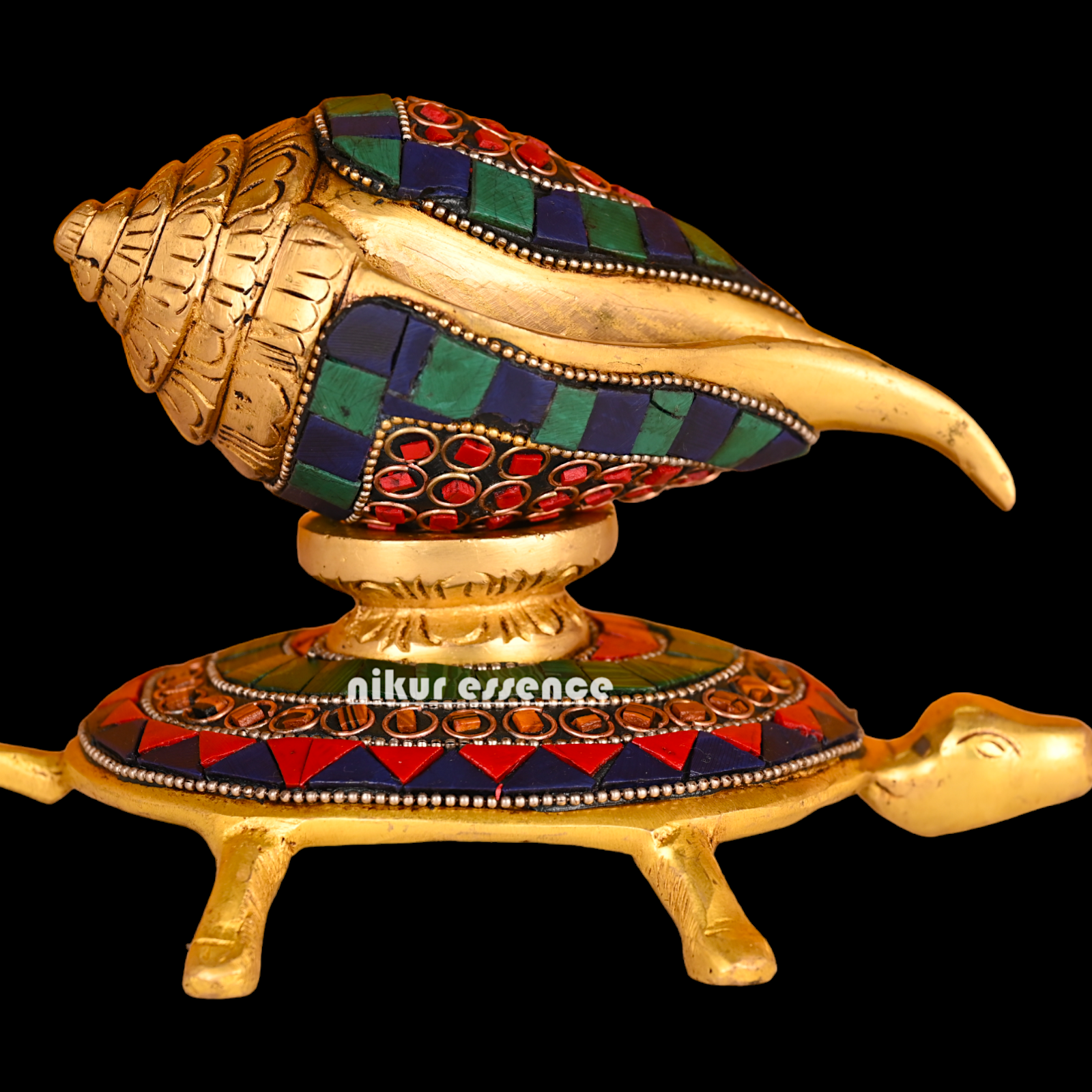 (Copy) Authentic Brass Shankh Conch Shell with Intricately Designed Tortoise Motif - Spiritual Home Decor and Ritual Instrument for Pooja Nikuressence