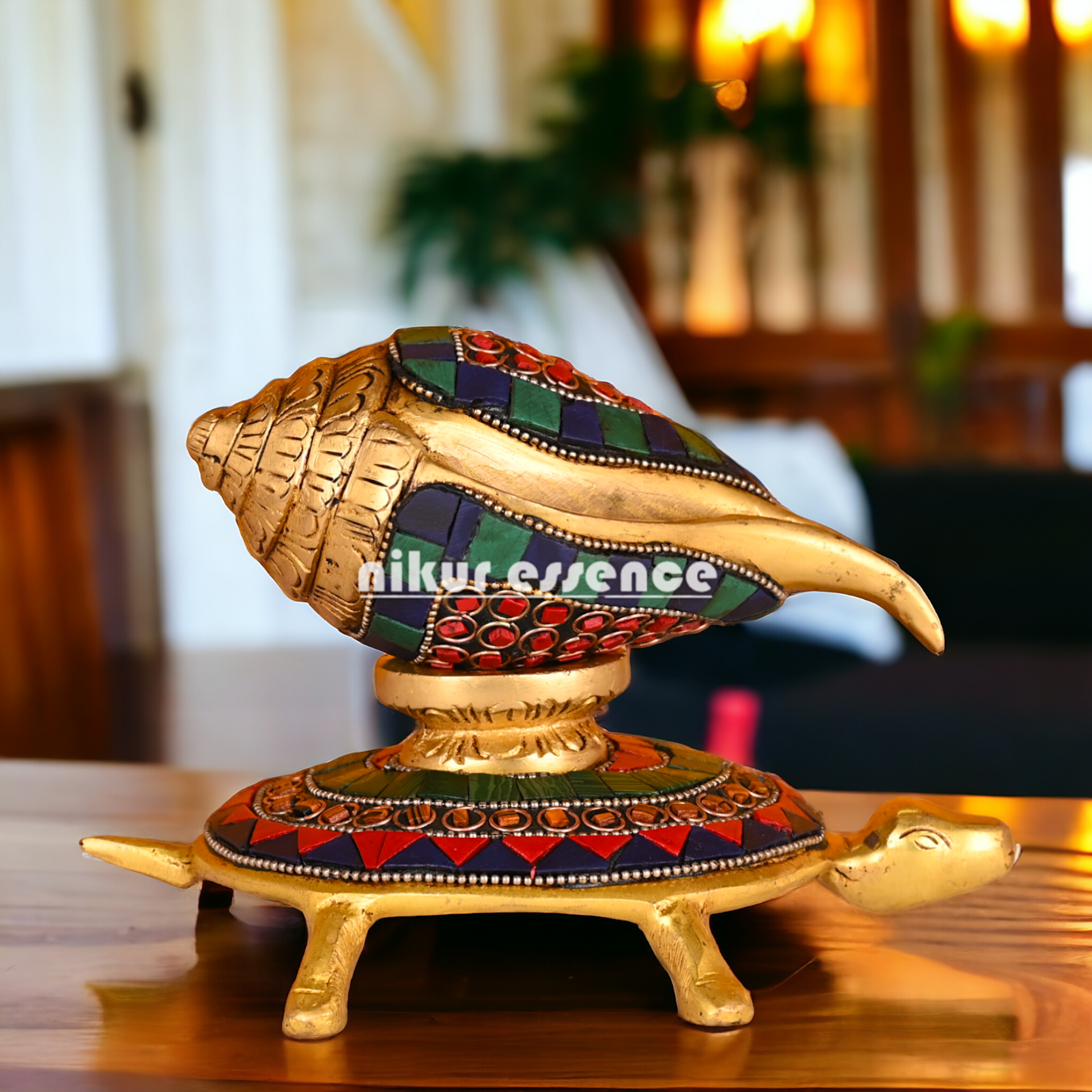 (Copy) Authentic Brass Shankh Conch Shell with Intricately Designed Tortoise Motif - Spiritual Home Decor and Ritual Instrument for Pooja Nikuressence