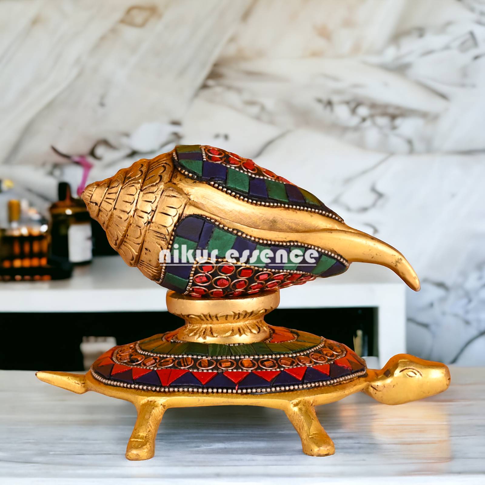 (Copy) Authentic Brass Shankh Conch Shell with Intricately Designed Tortoise Motif - Spiritual Home Decor and Ritual Instrument for Pooja Nikuressence