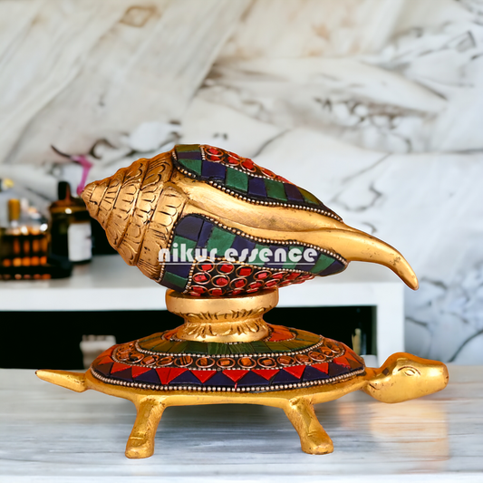 (Copy) Authentic Brass Shankh Conch Shell with Intricately Designed Tortoise Motif - Spiritual Home Decor and Ritual Instrument for Pooja Nikuressence