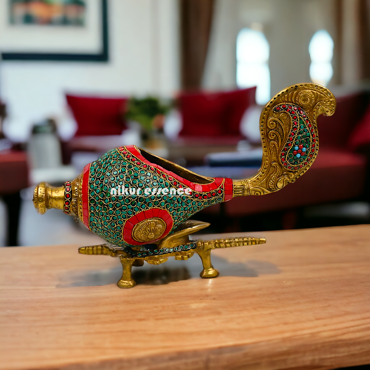 Large Brass Shankh with stand stone work by Nikur Essence - 13 Inch height Nikuressence