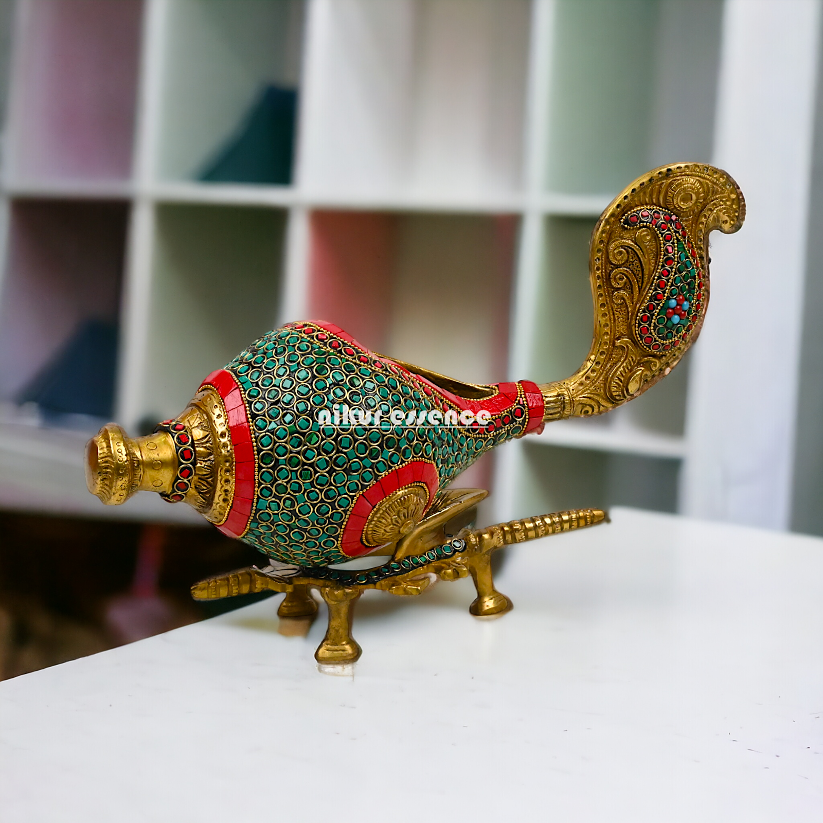 Large Brass Shankh with stand stone work by Nikur Essence - 13 Inch height Nikuressence