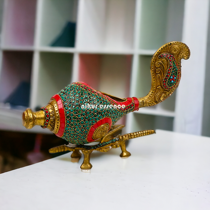 Large Brass Shankh with stand stone work by Nikur Essence - 13 Inch height Nikuressence