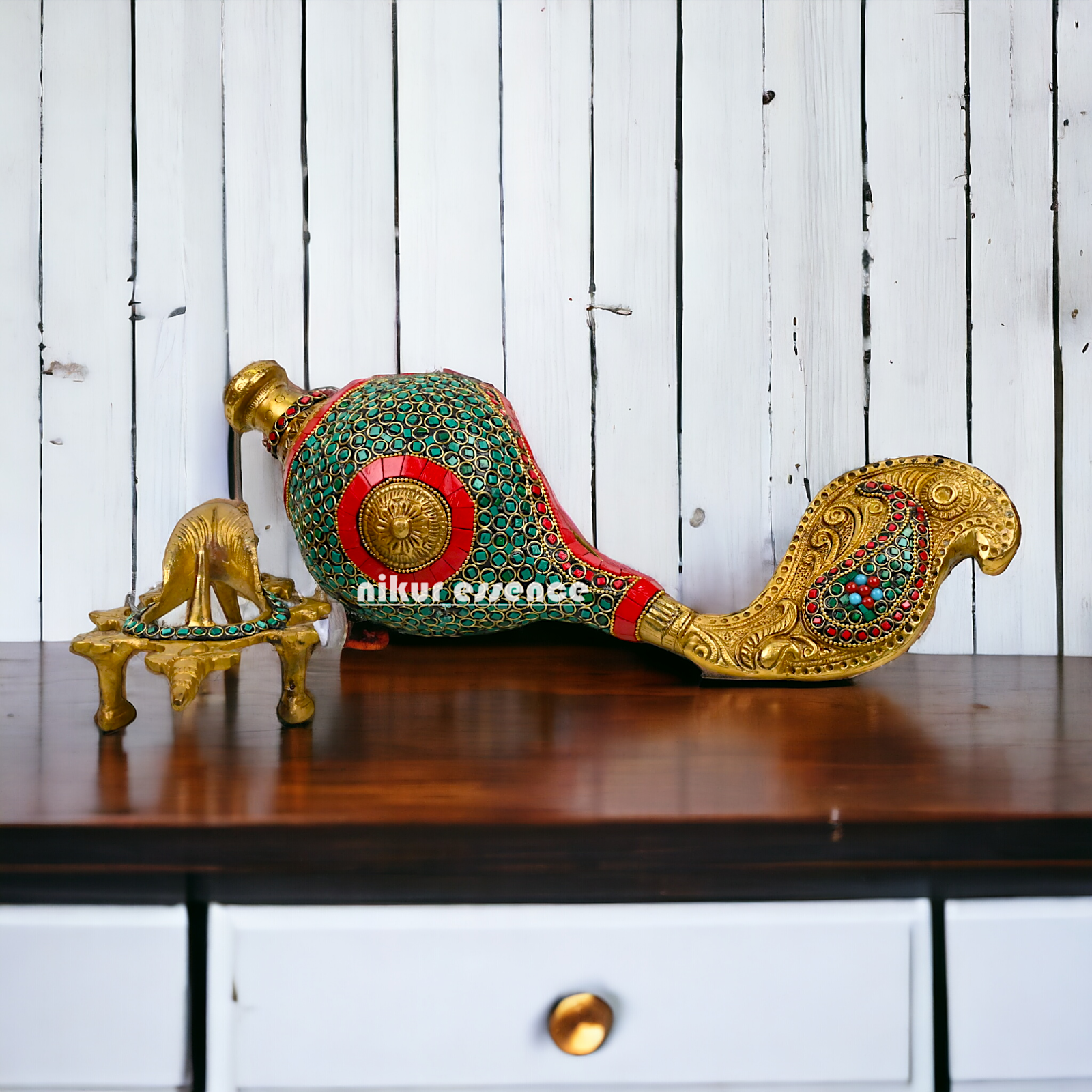 Large Brass Shankh with stand stone work by Nikur Essence - 13 Inch height Nikuressence