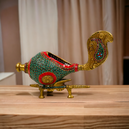 Large Brass Shankh with stand stone work by Nikur Essence - 13 Inch height Nikuressence