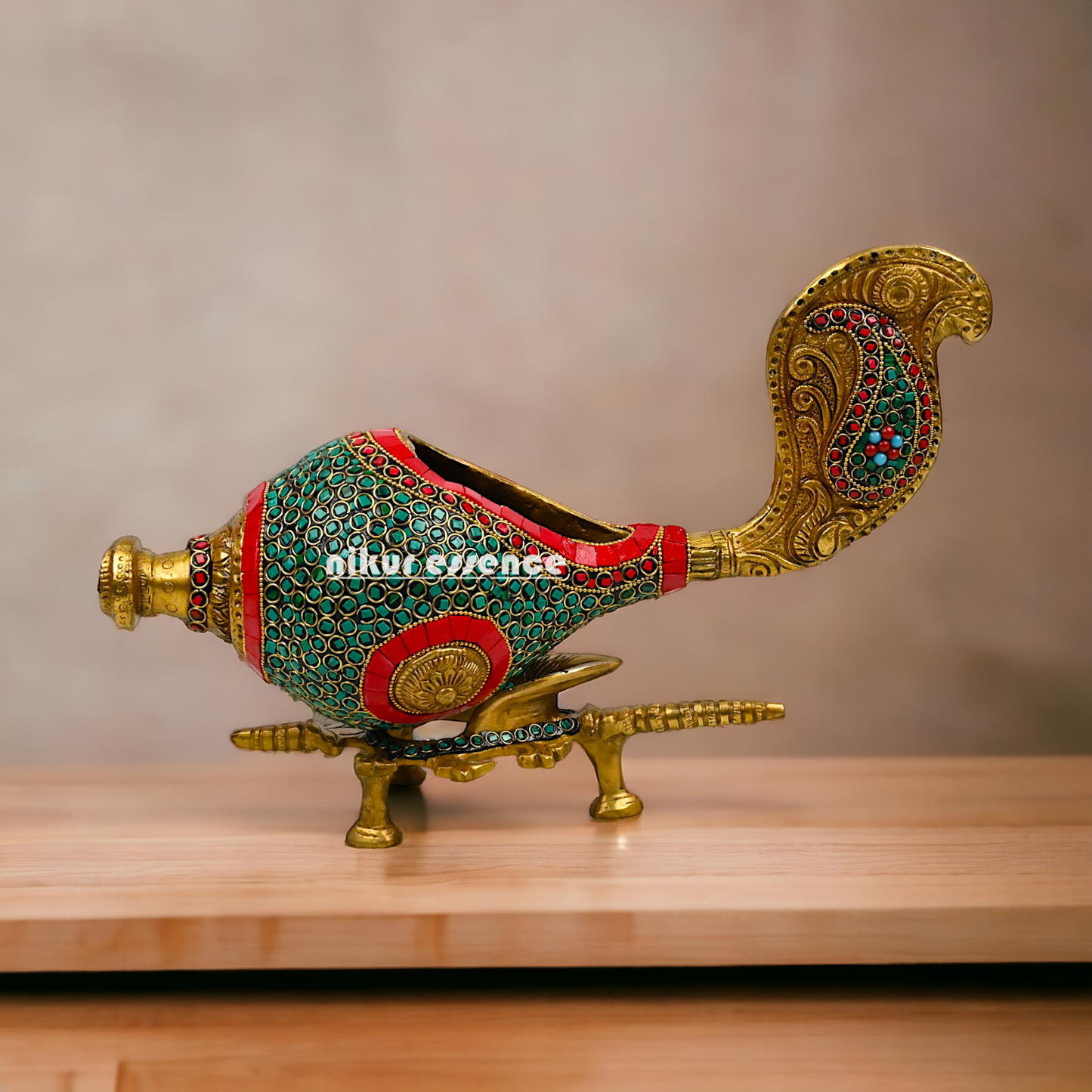 Large Brass Shankh with stand stone work by Nikur Essence - 13 Inch height Nikuressence