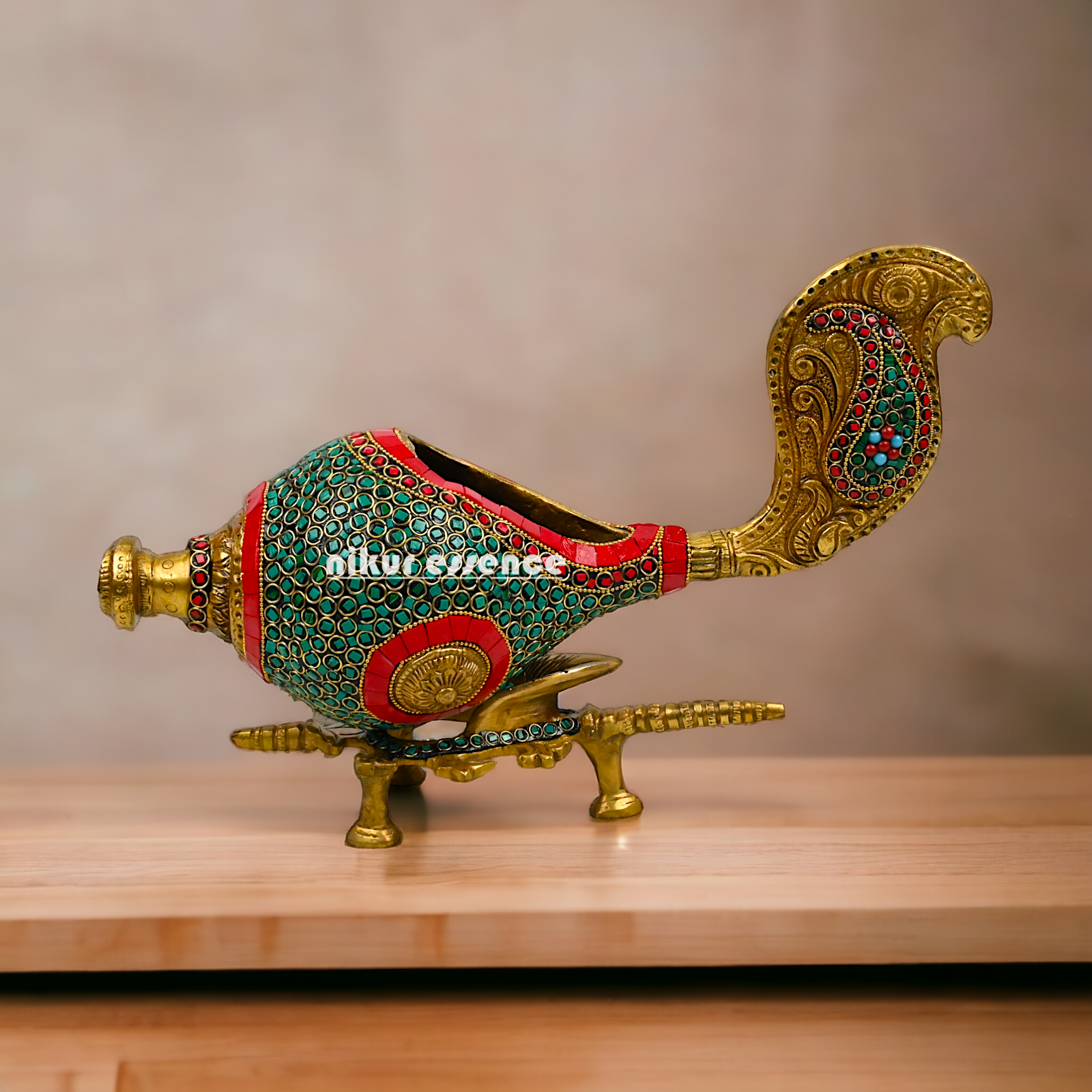 Large Brass Shankh with stand stone work by Nikur Essence - 13 Inch height Nikuressence