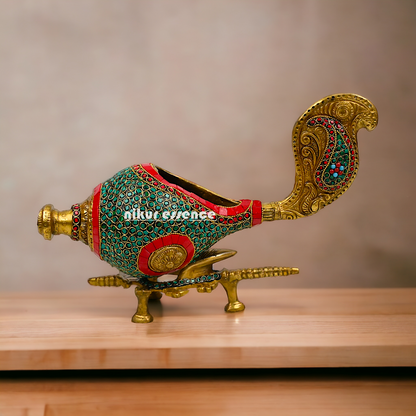 Large Brass Shankh with stand stone work by Nikur Essence - 13 Inch height Nikuressence