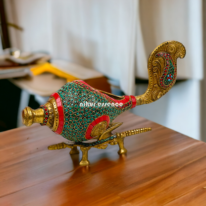 Large Brass Shankh with stand stone work by Nikur Essence - 13 Inch height Nikuressence