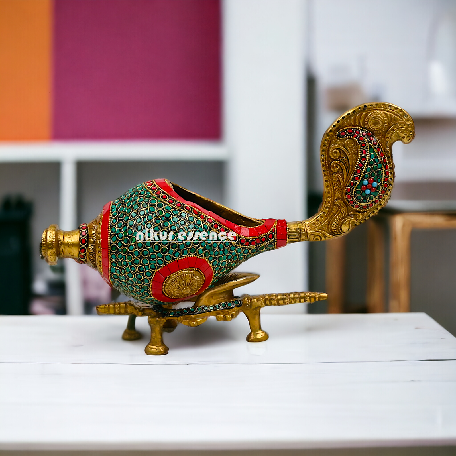 Large Brass Shankh with stand stone work by Nikur Essence - 13 Inch height Nikuressence