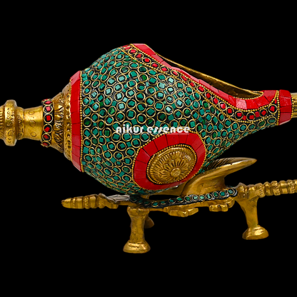 Large Brass Shankh with stand stone work by Nikur Essence - 13 Inch height Nikuressence