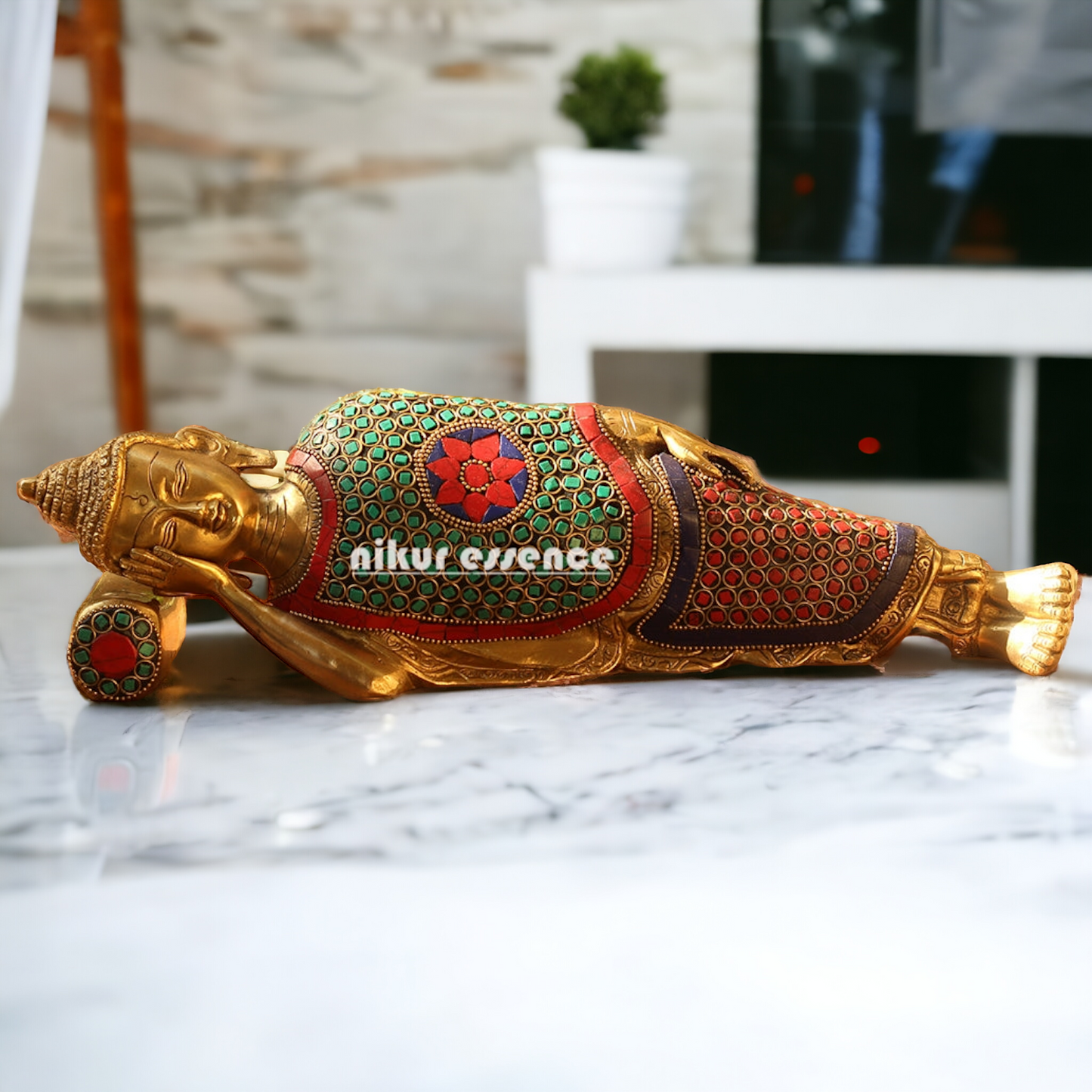 Buy Brass Sleeping Buddha Statue with Intricate Stone Inlay – Handcrafted Serenity and Tranquility for Your Home or Garden Nikuressence