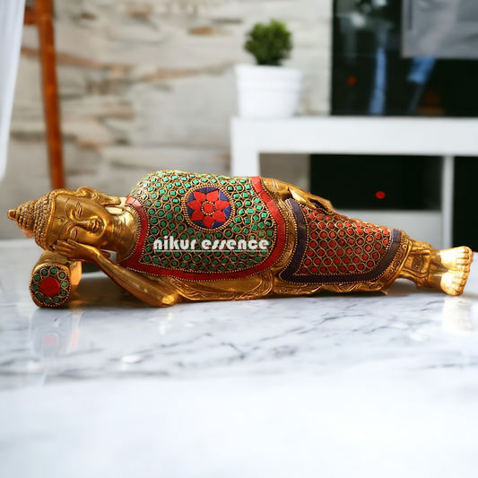 Buy Brass Sleeping Buddha Statue with Intricate Stone Inlay – Handcrafted Serenity and Tranquility for Your Home or Garden Nikuressence