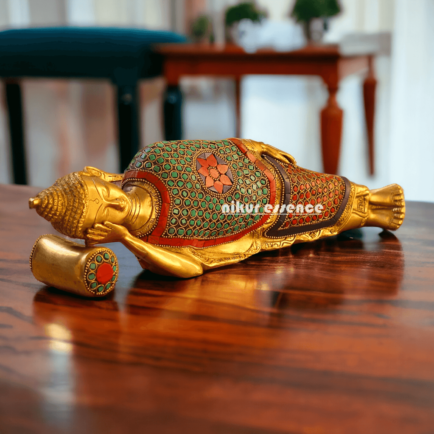 Buy Brass Sleeping Buddha Statue with Intricate Stone Inlay – Handcrafted Serenity and Tranquility for Your Home or Garden Nikuressence