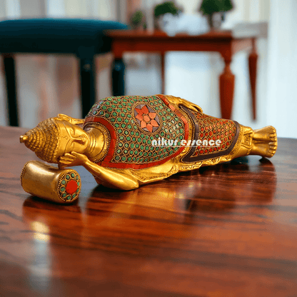 Buy Brass Sleeping Buddha Statue with Intricate Stone Inlay – Handcrafted Serenity and Tranquility for Your Home or Garden Nikuressence