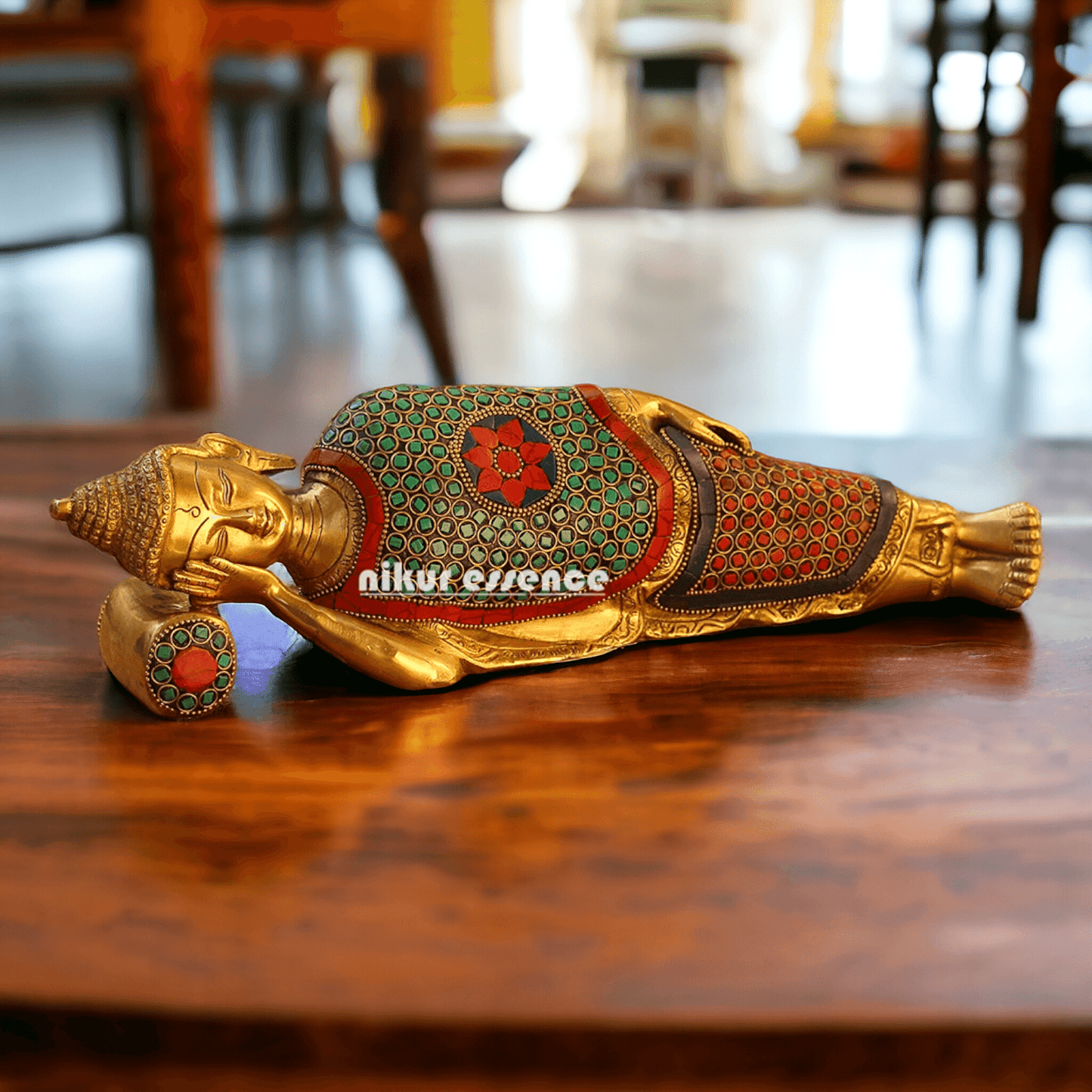 Buy Brass Sleeping Buddha Statue with Intricate Stone Inlay – Handcrafted Serenity and Tranquility for Your Home or Garden Nikuressence