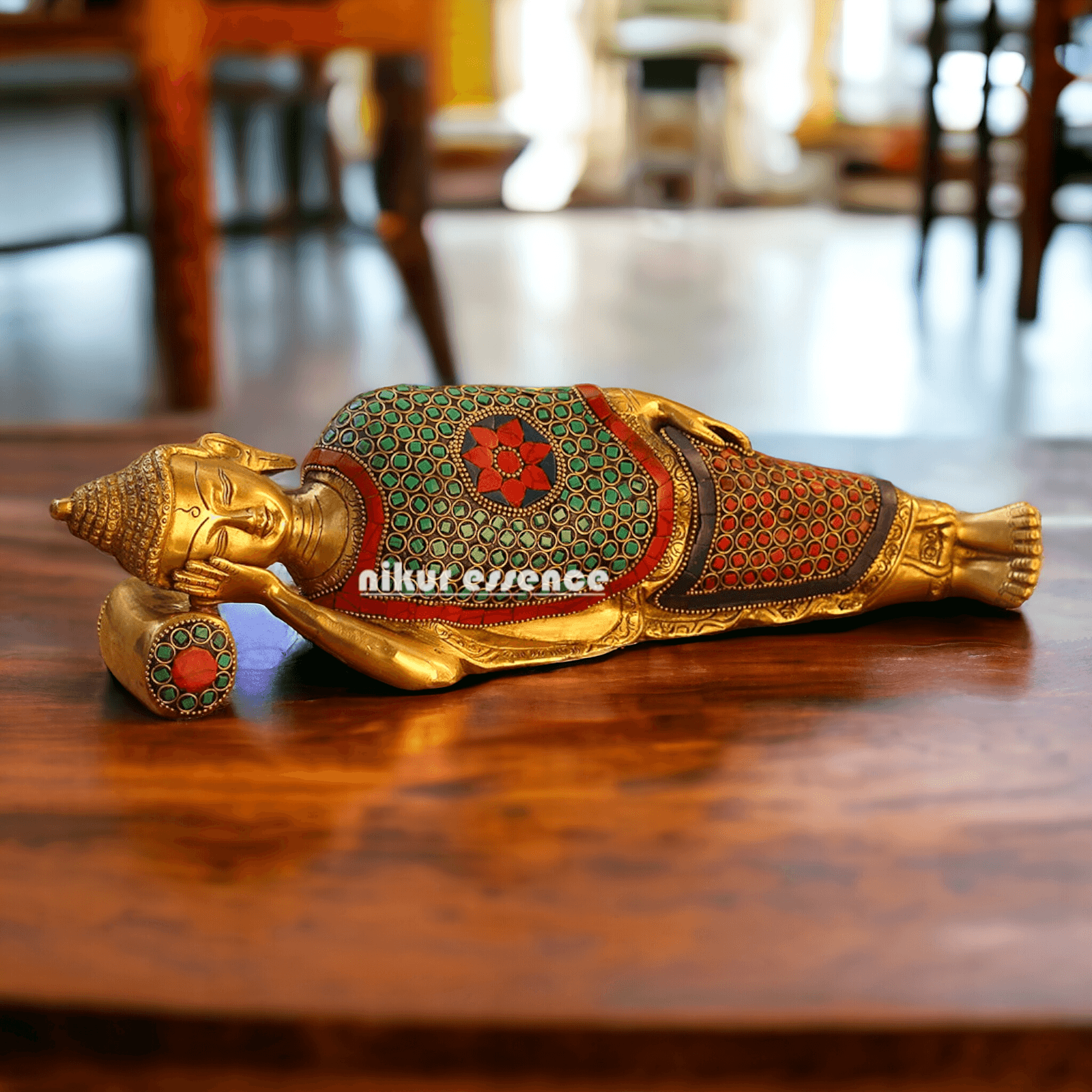 Buy Brass Sleeping Buddha Statue with Intricate Stone Inlay – Handcrafted Serenity and Tranquility for Your Home or Garden Nikuressence