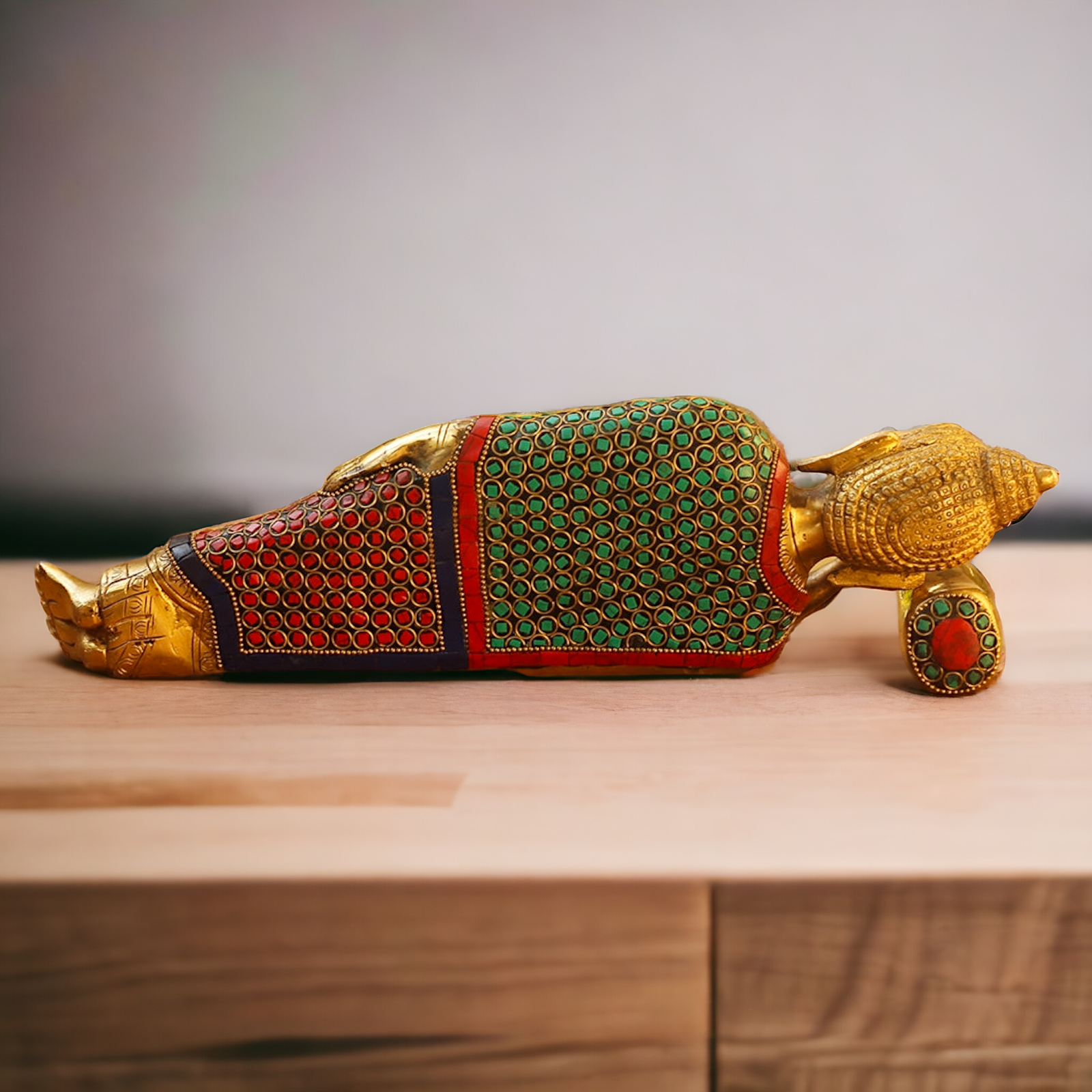 Buy Brass Sleeping Buddha Statue with Intricate Stone Inlay – Handcrafted Serenity and Tranquility for Your Home or Garden Nikuressence