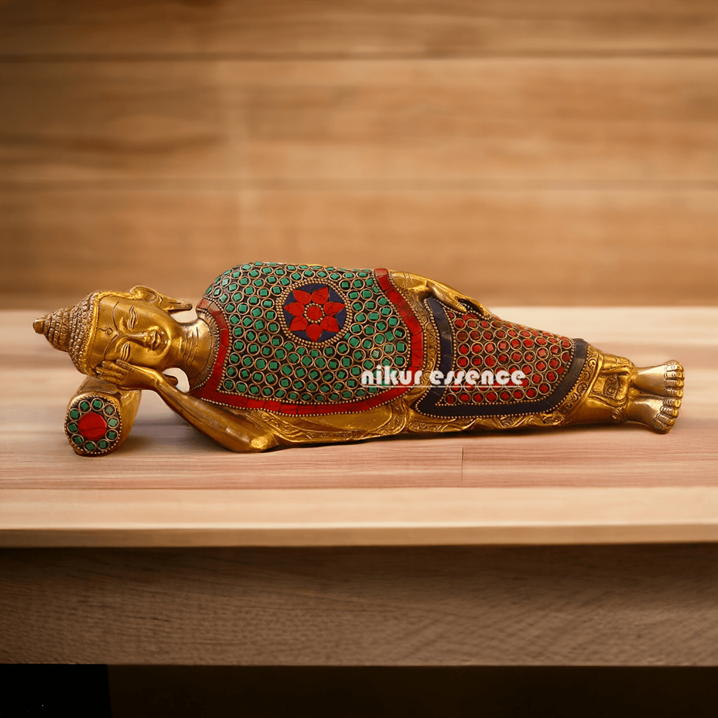 Buy Brass Sleeping Buddha Statue with Intricate Stone Inlay – Handcrafted Serenity and Tranquility for Your Home or Garden Nikuressence
