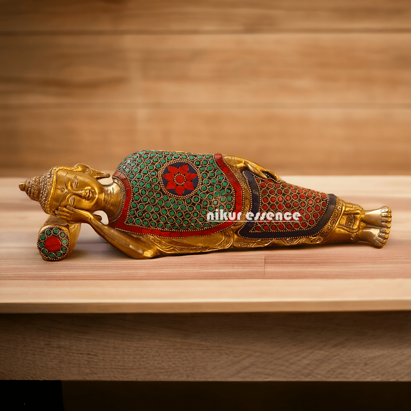 Buy Brass Sleeping Buddha Statue with Intricate Stone Inlay – Handcrafted Serenity and Tranquility for Your Home or Garden Nikuressence