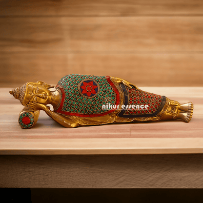 Buy Brass Sleeping Buddha Statue with Intricate Stone Inlay – Handcrafted Serenity and Tranquility for Your Home or Garden Nikuressence